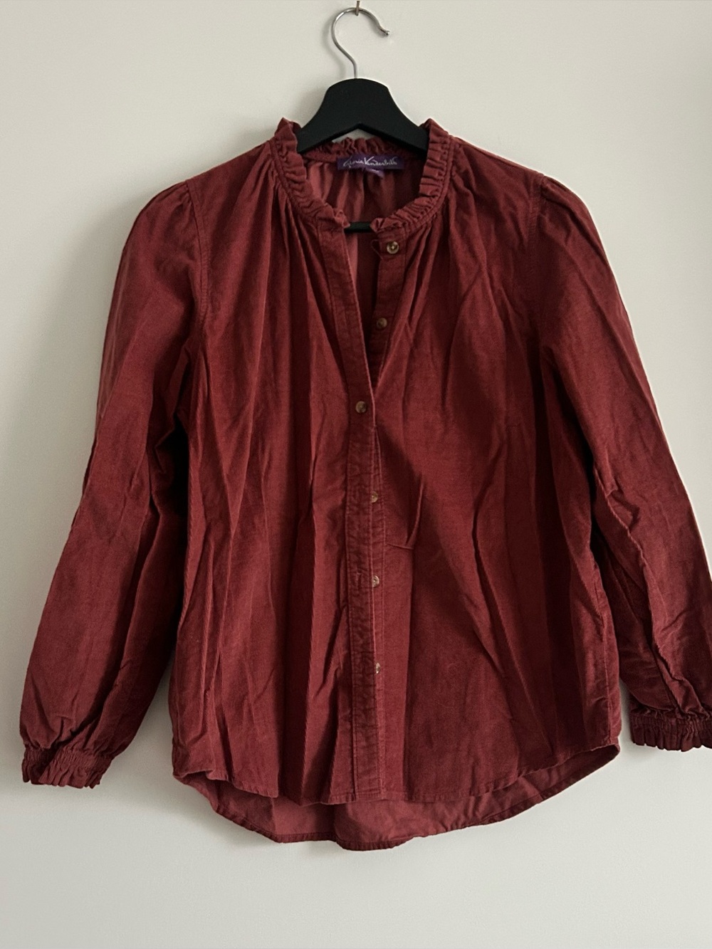 Gloria Vanderbilt Ruffled Neck Corduroy Blouse Red